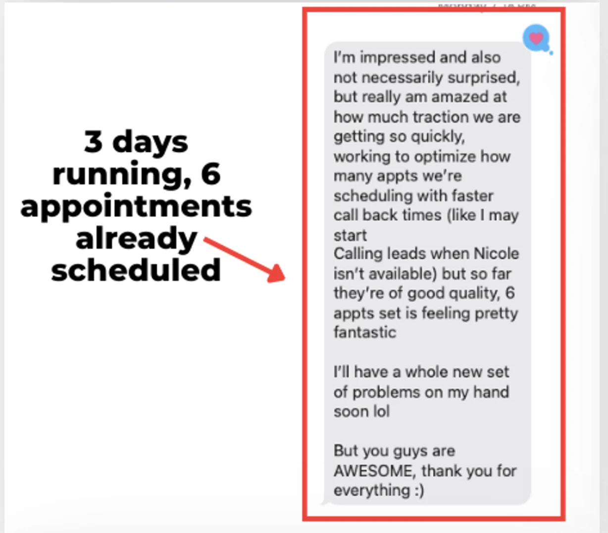 Owner text celebrating booked estimates