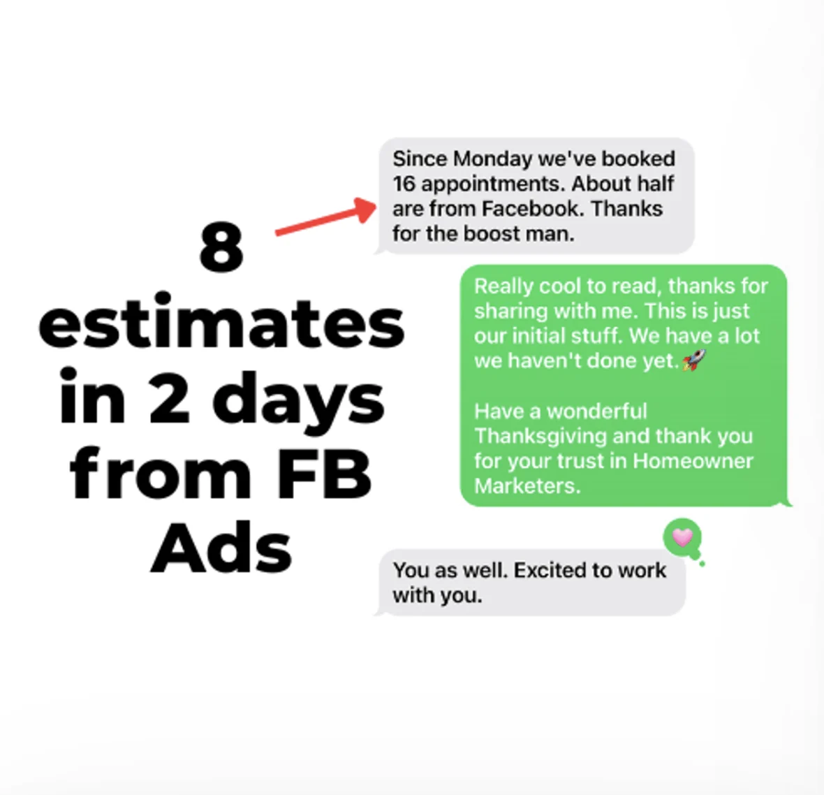 Owner text celebrating booked estimates