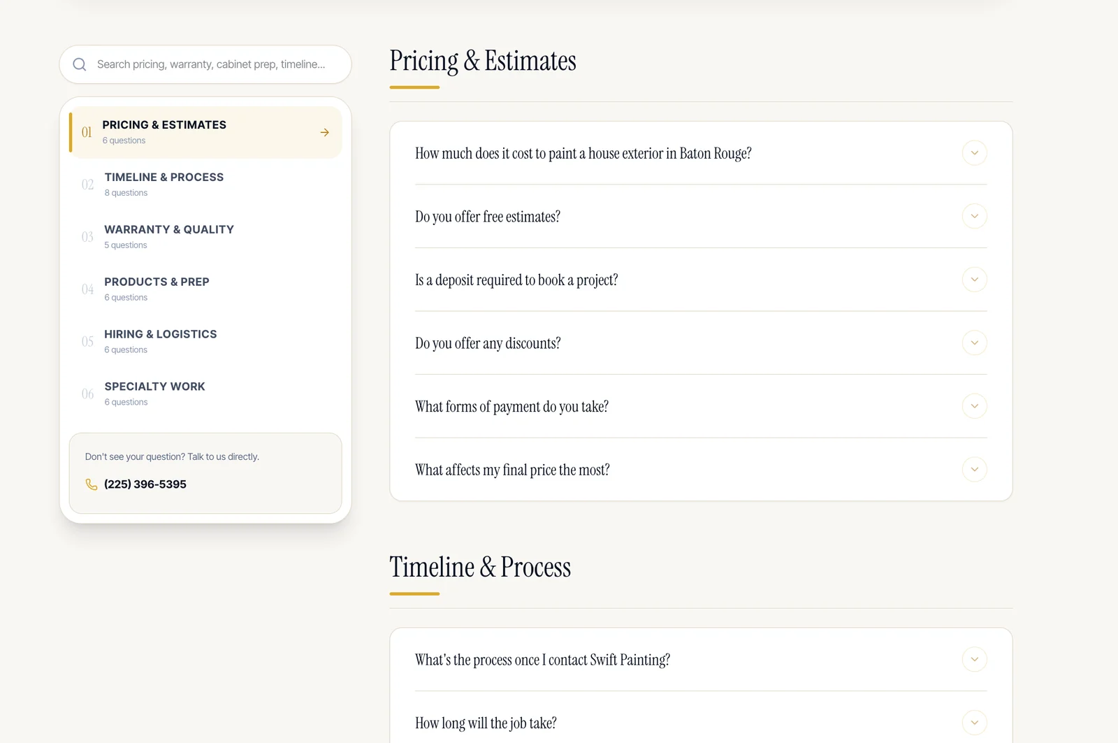 FAQ page sorted into six categories, starting with pricing and estimates