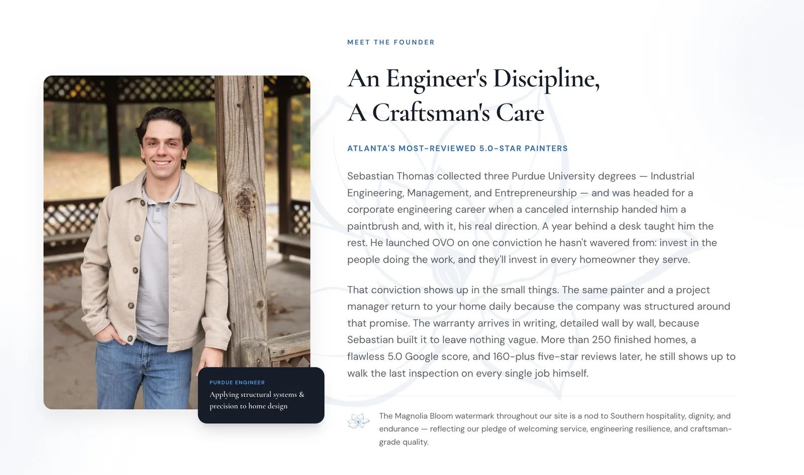 OVO Painting founder section: An Engineer's Discipline, A Craftsman's Care