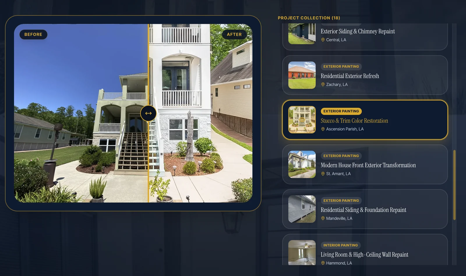 Portfolio gallery with a before-and-after slider and a filterable project list
