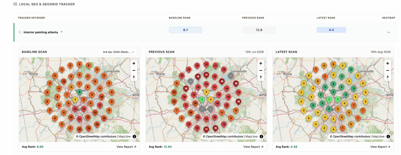 Map ranking scans for interior painting atlanta: average rank 8.7, then 12.8, then 4.4