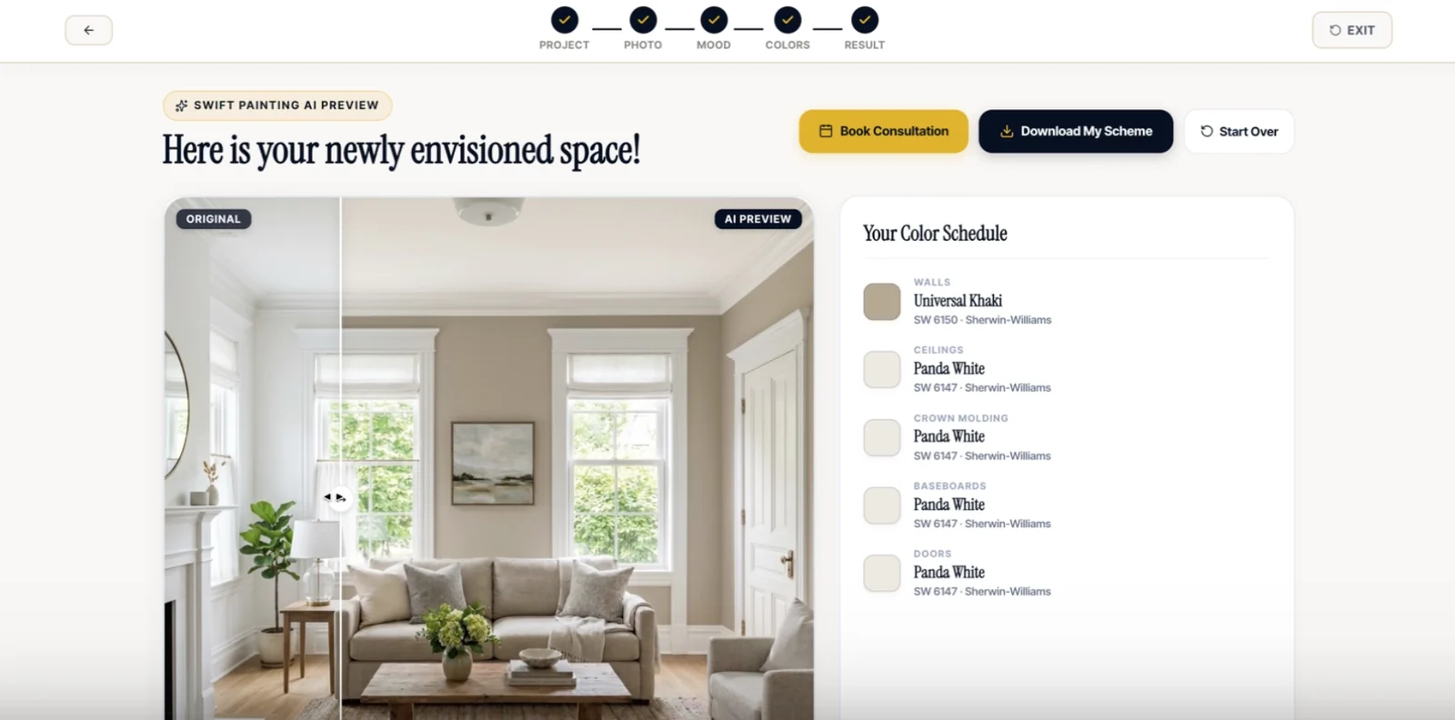 Color visualizer result: original room beside the AI preview, with a Sherwin-Williams color schedule
