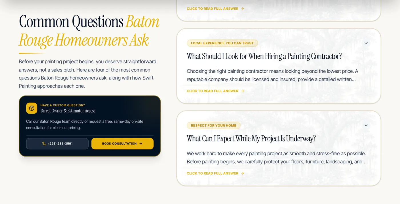 Common Questions Baton Rouge Homeowners Ask, answered on Swift Painting's homepage