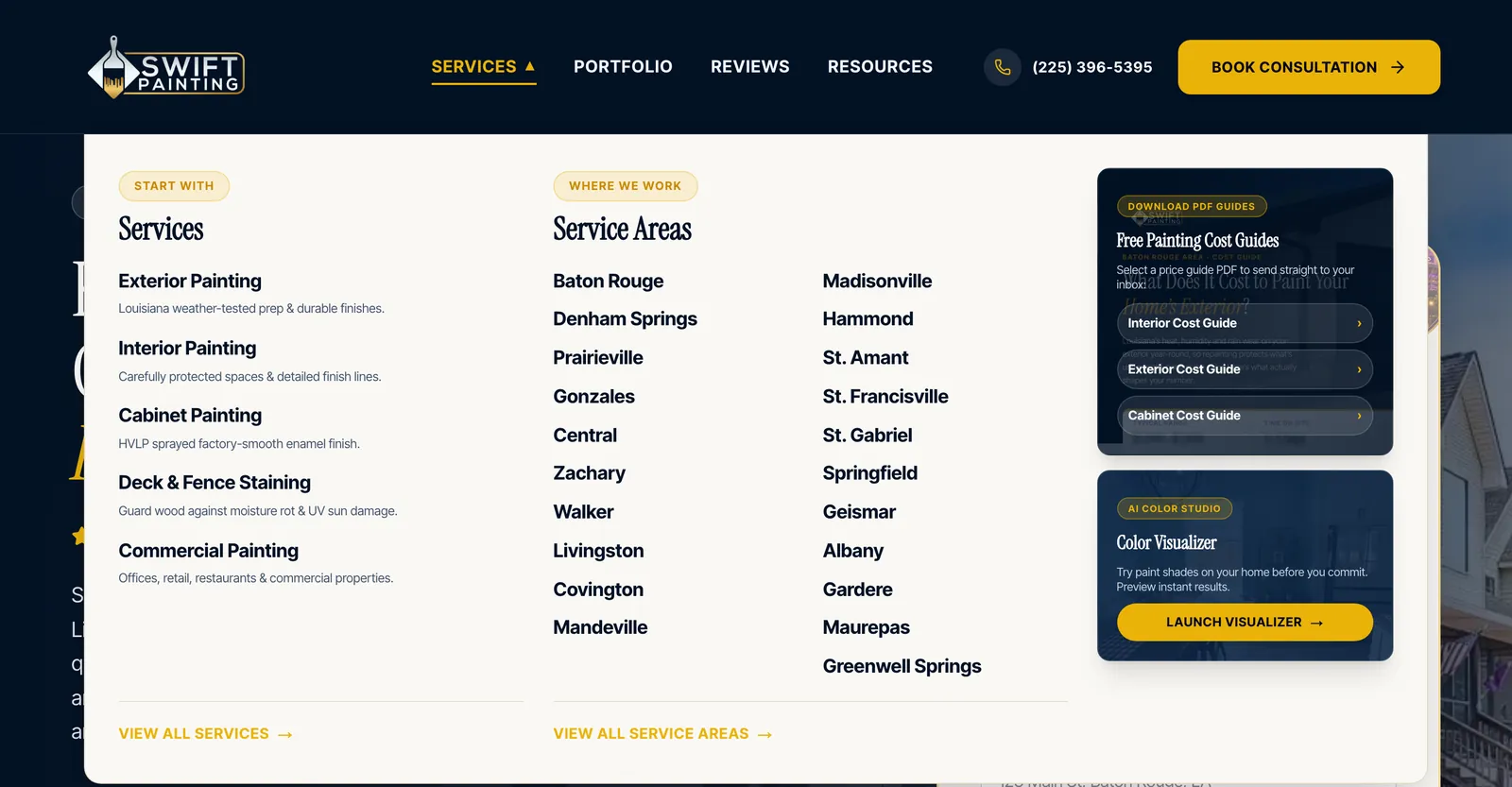 Swift Painting desktop services menu with services, service areas, cost guides and the color visualizer